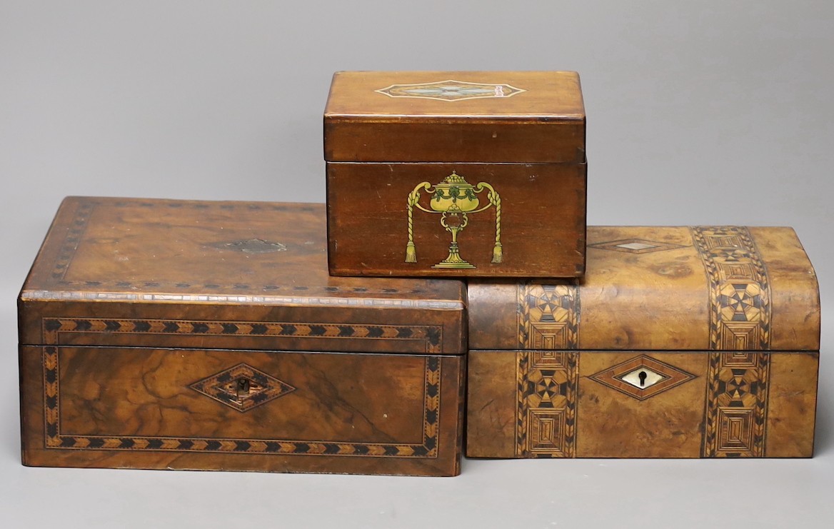 Two 19th century inlaid walnut boxes and a painted mahogany box, The largest 30 cm wide